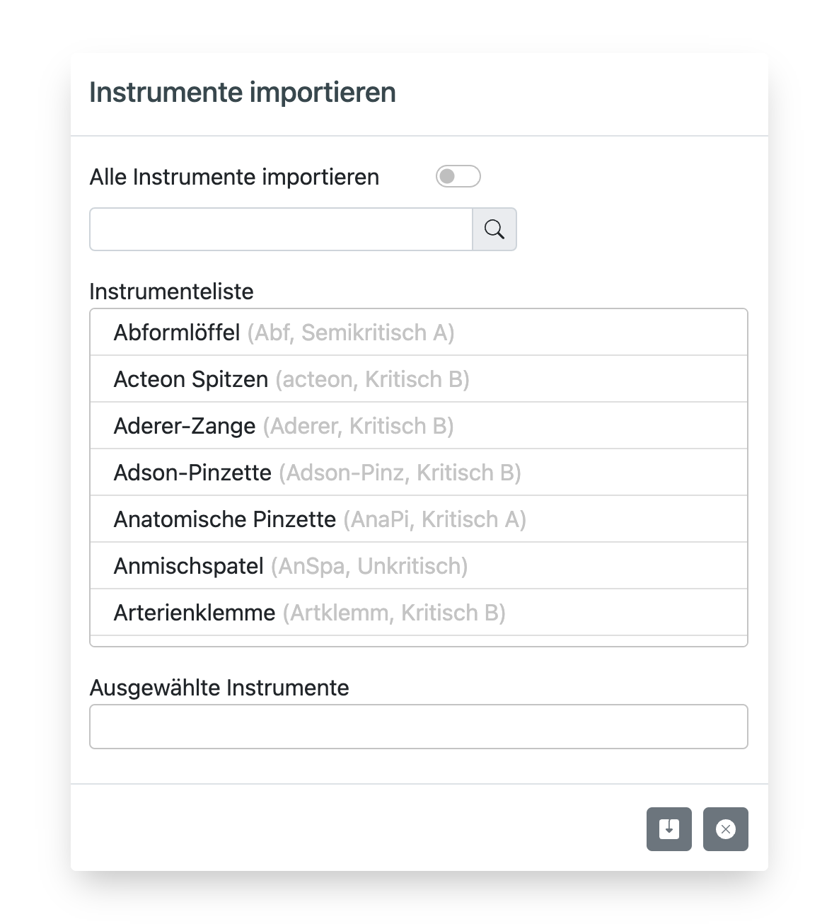 Fenster für den Import von Instrumenten